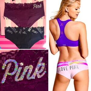 2 Victoria’s Secret PINK cotton panties bundle floral lace hipster pink bling